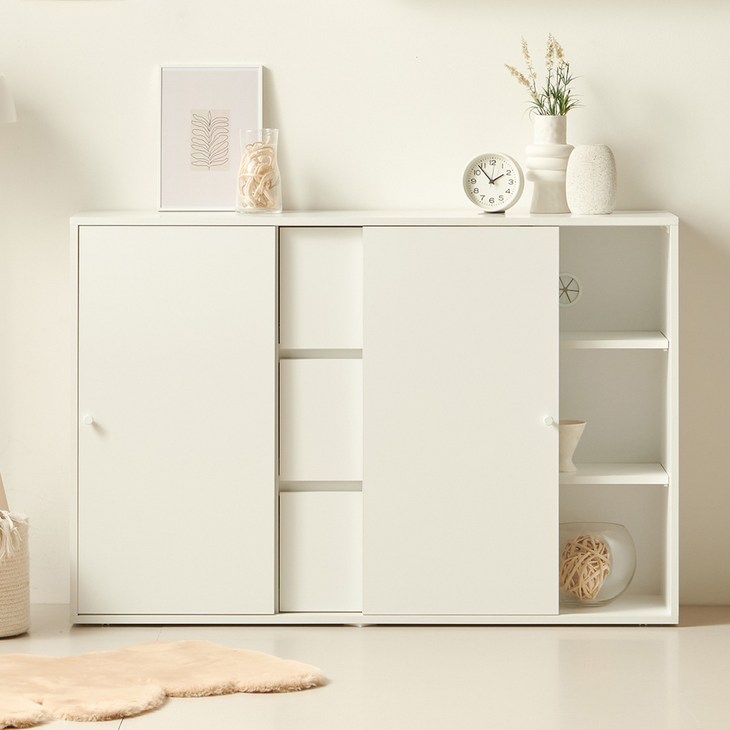 룸앤디 국내 제조 스르륵 슬라이딩 3단 일반형 수납장 방문설치, 웜화이트