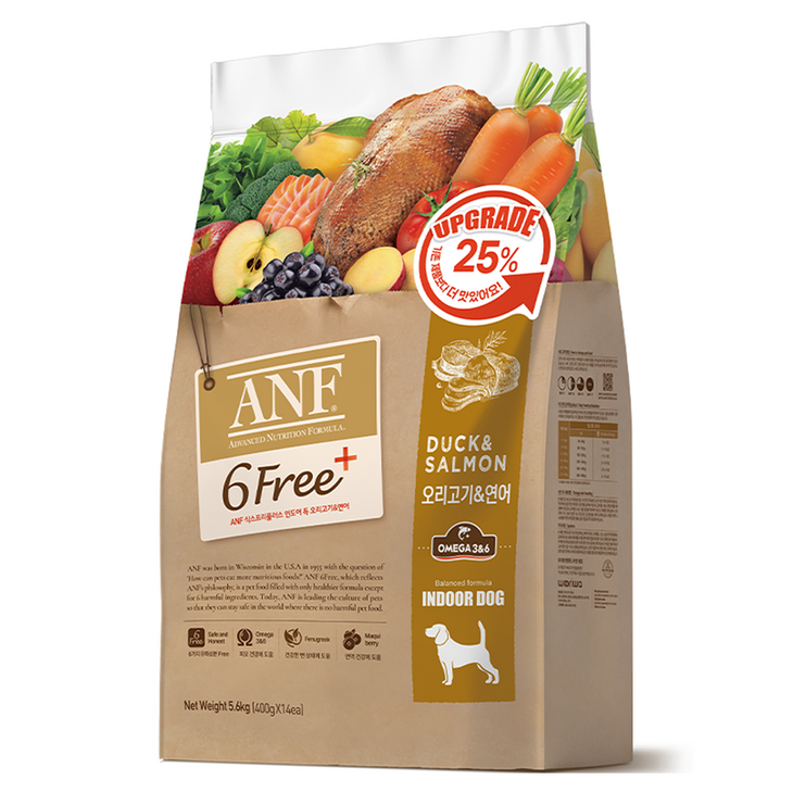 ANF 전연령 식스프리 플러스 인도어 독 건식사료, 연어오리, 5.6kg, 1개