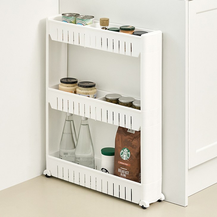 까사마루 이동식 슬림 틈새 선반 3단, 화이트