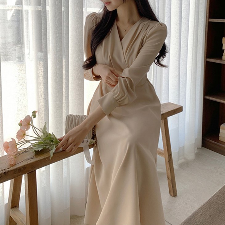 랩패턴 A 스타일 뒷밴딩 브이넥 원피스 NM0190