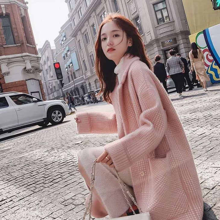 해피유통 여성 밍크 다운 코트 코트 모직 하프 박시 니트 카디건jhz