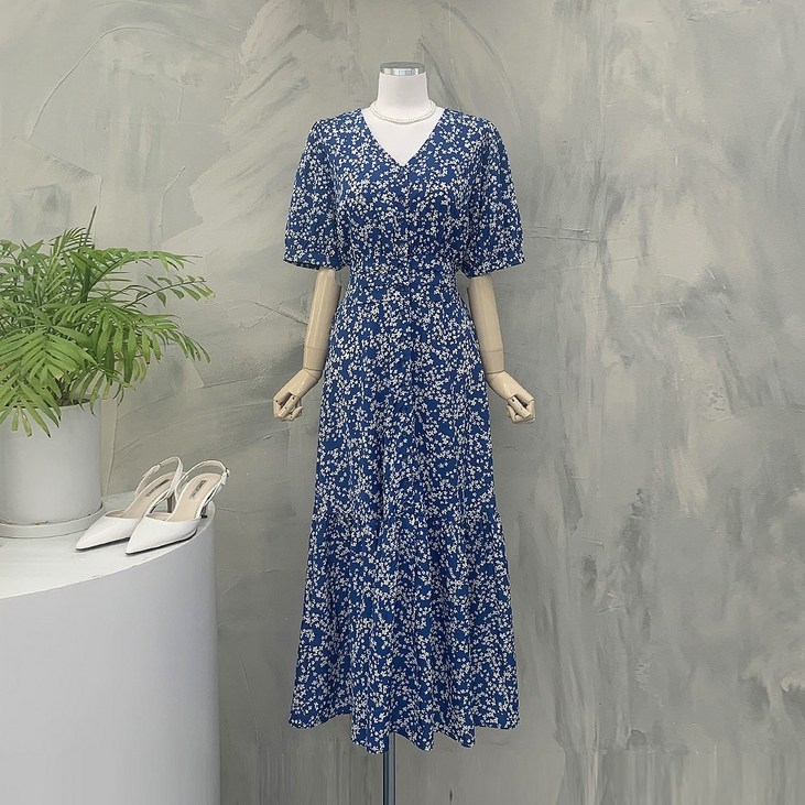 행복여 별꽃 플라워 브이넥 뒷밴딩 티어드 롱 원피스