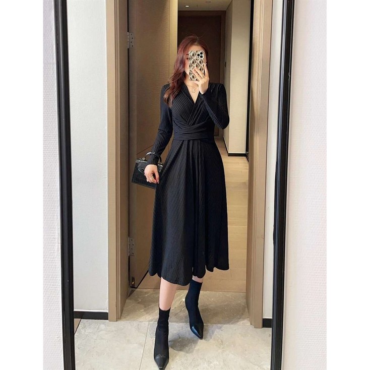 JIEVE 여성용 모달 원피스 V넥 랩 스타일 봄 가을 롱 드레스 블랙 슬림 핏  W18