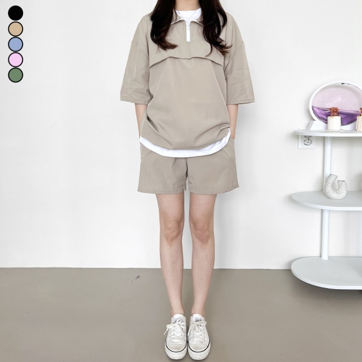 가비진 여성용 여름 상하의세트 바람막이 소재 아노락 반팔티 밴드 반바지 여성 트레이닝 상하의 세트 운동