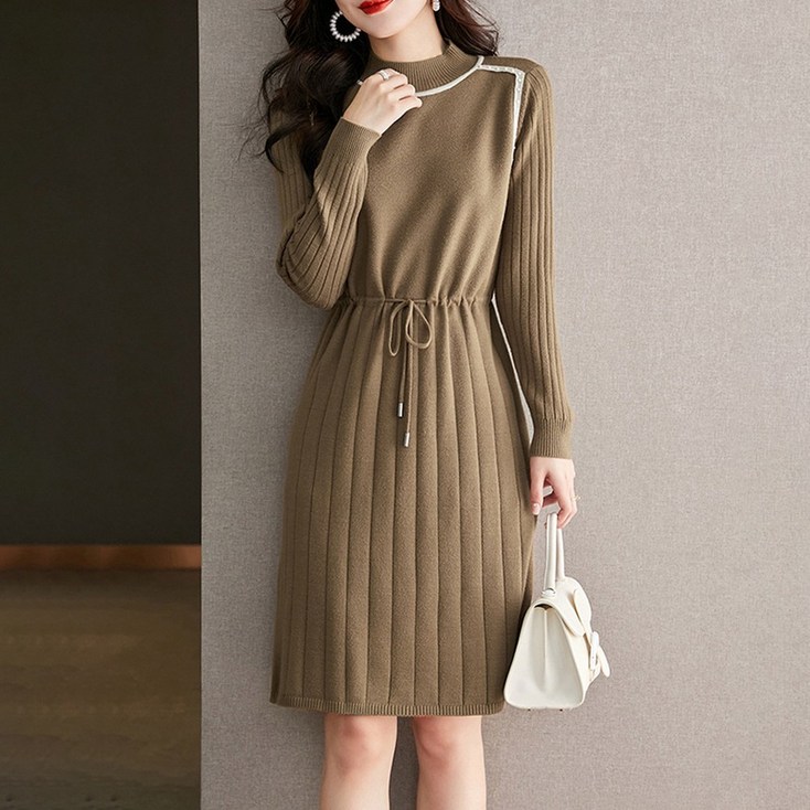 지디오 여성 니트 미디 원피스 간절기 반폴라 하프 터틀넥 반목 골지 긴팔 허리 스트링 슬림 A라인 가을 겨울 여자 드레스