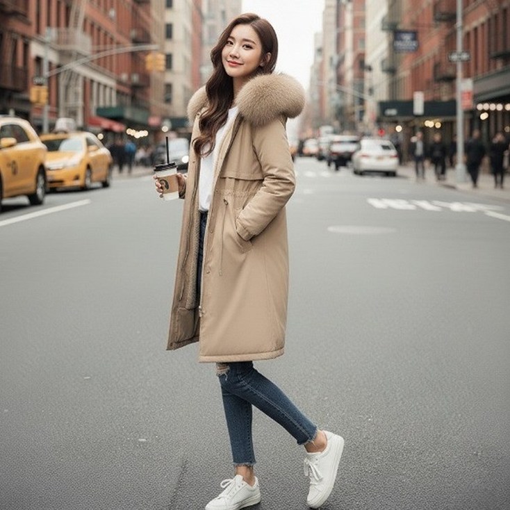 바이니니 여자 겨울 퍼 코트 롱 패딩, 풍성 퍼 후드, 따뜻한 아우터