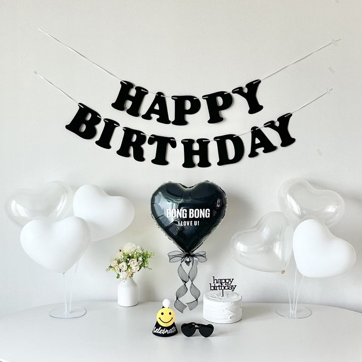 연지마켓 생일 가랜드 하트 풍선 파티 용품 세트 레터링포함, 1세트, 블랙가랜드 레터링 하트
