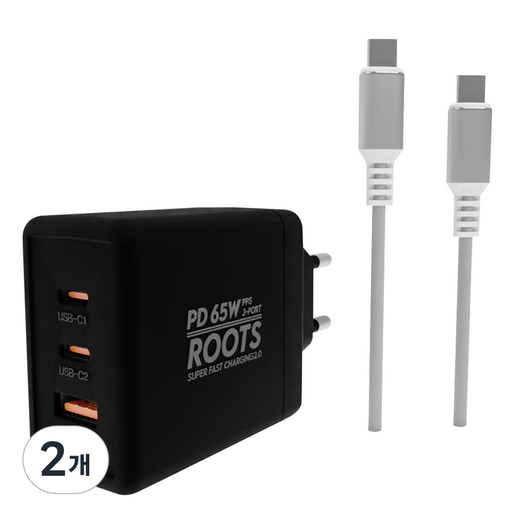 루츠 국내생산 초고속 멀티 충전기 C타입 3포트 PD 65W PPS C to C 100W 5A E Marker 1.5M 케이블포함, 블랙, 2개