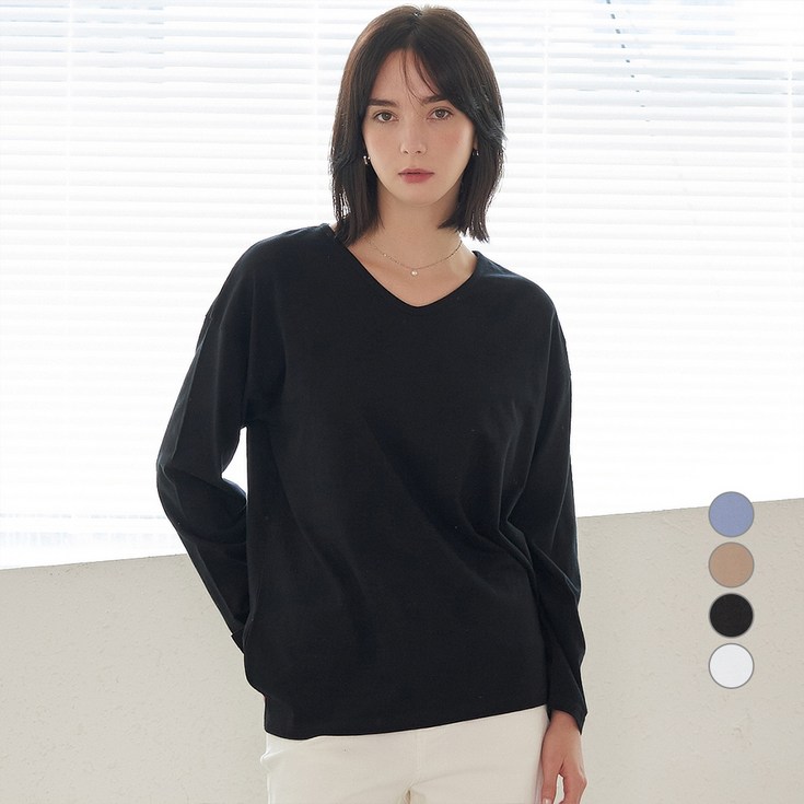 ELLE PARIS 여성용 루즈핏 브이넥 긴팔 티셔츠