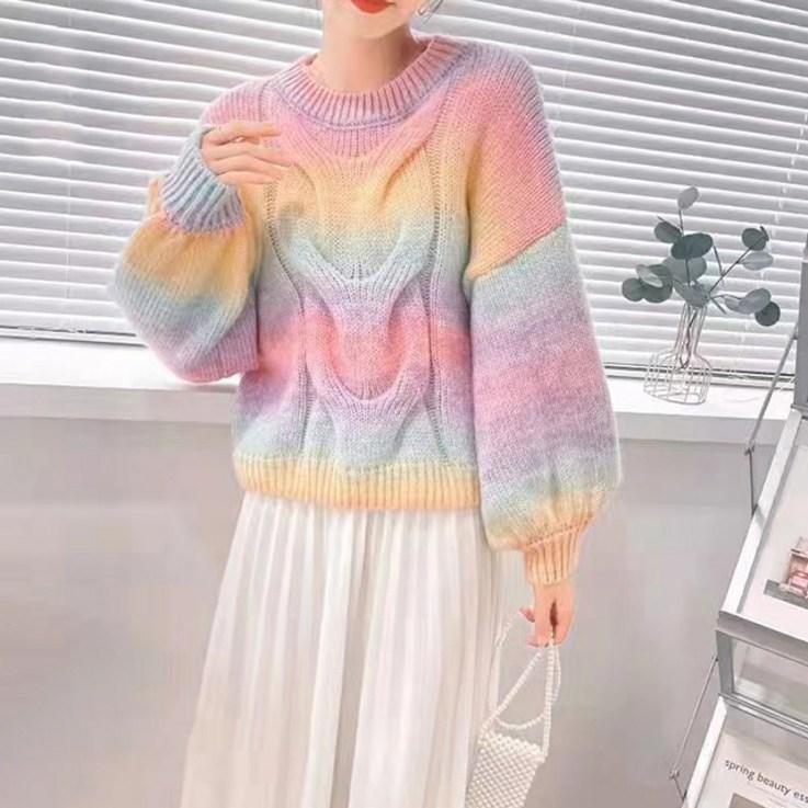 비비에모 여성용 파스텔 레인보우 빅꽈배기 니트 스웨터 02108