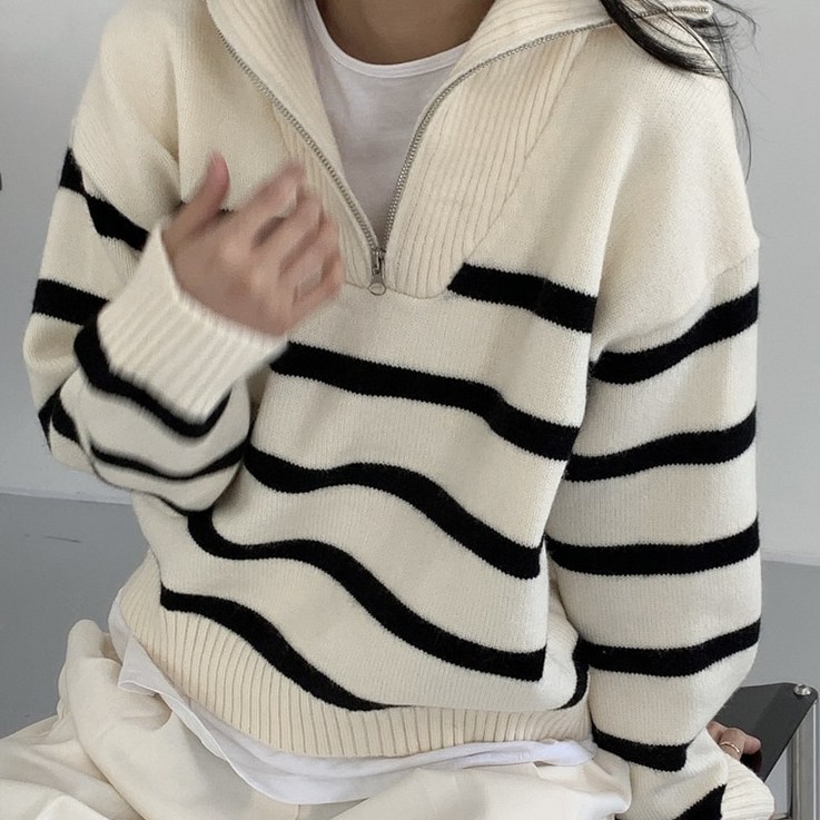 스트라이프 스웨터  세련된 가을겨울용 여성용 유휴 라펠 지퍼 니트 코트 터틀넥 풀오버 긴 소매 상의