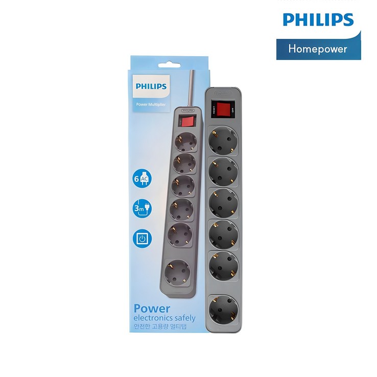 필립스 워크탭 4000W 고용량멀티탭 과부하차단 3구 4구 5구 6구, 3m, 1개