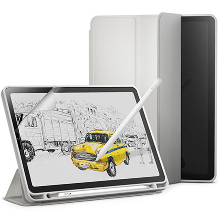 신지모루 스마트커버 애플펜슬 수납 태블릿PC 케이스 + 종이질감 액정보호 필름 세트, 웜 그레이 20230808