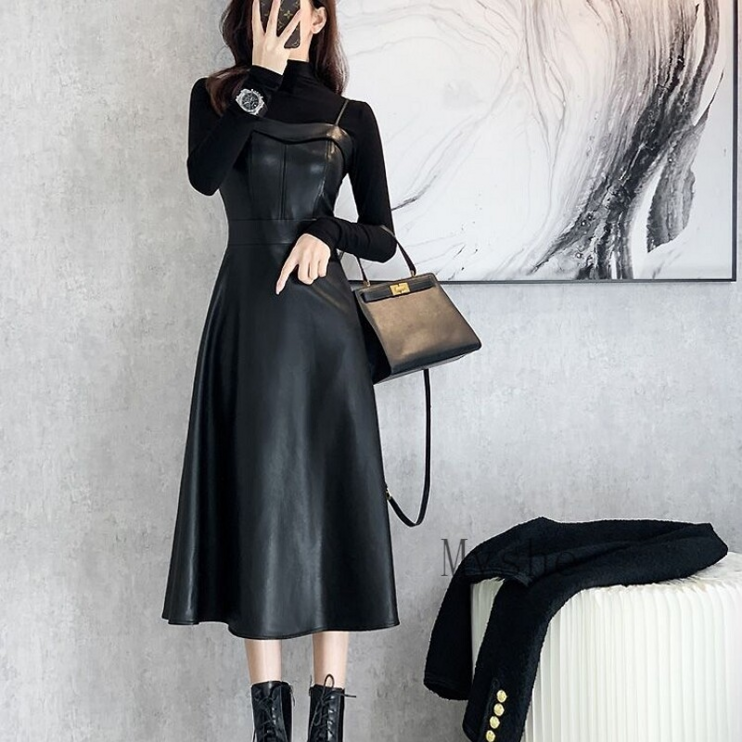 Myshe여성 가죽 롱 원피스 끈나시 pu 원피스 가을 fr2 zhuo1119