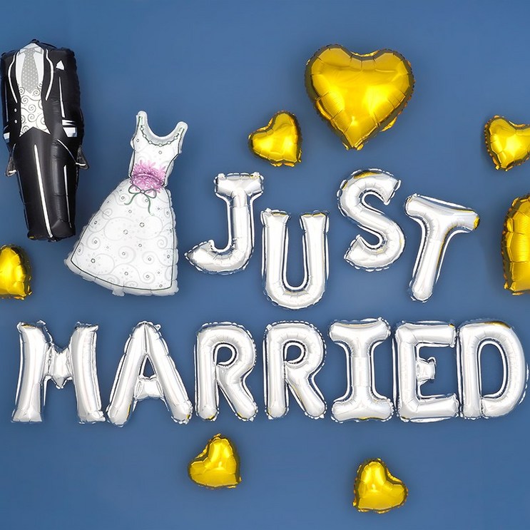 웨딩파티 장식세트 드레스턱시도 Just Married 실버 손펌프증정 파티용품 파티풍선 프로포즈 이벤트 웨딩 기념일, 2개