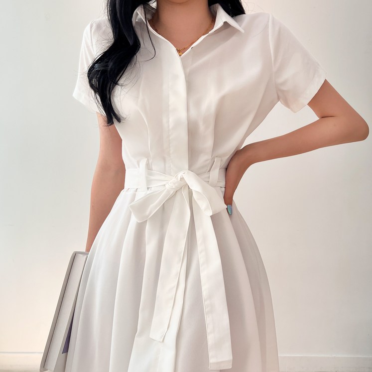 투디 반팔 핀턱 카라 셔츠 롱원피스, 3컬러 투디 반팔 핀턱 카라 셔츠 롱원피스, 3컬러