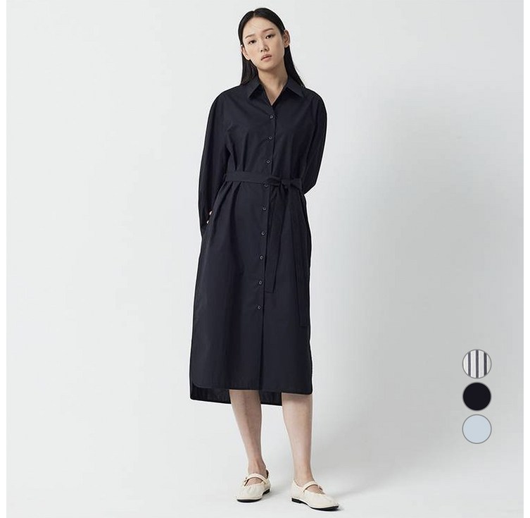 JAJU자주 여성용 포플린 긴팔 셔츠 면 롱 원피스