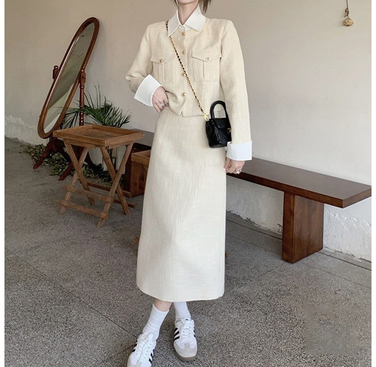 페이퍼먼츠 카라 숏 자켓 심플 미디 스커트 투피스 세트 23358