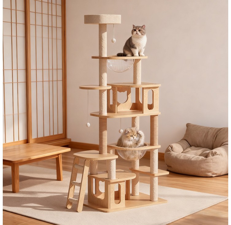 MARTEKLIFES대형 복합형 캣타워 클라이밍 스크래쳐 기둥 캣트리 고양이 집 전만대 캡슐 해먹 스프링보드, 1개, 원목색