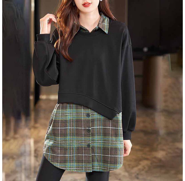 AOKADA 여성 레이어드 카라 체크 셔츠 맨투맨 티셔츠 투인원 상의