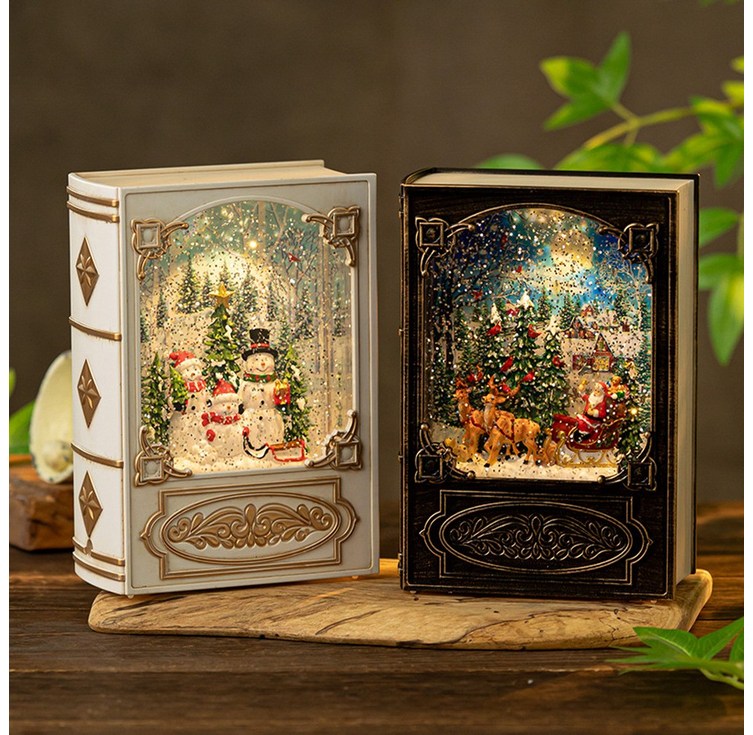 5시건 당일출고 디씨킹 크리스마스 빈티지 책 LED 눈 내리는 오르골 무드등, 블랙썰매산타