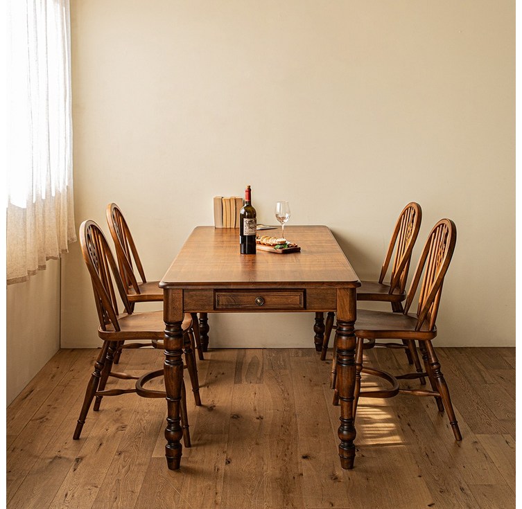 디킨 엔틱 고무나무 원목 사각 1800 식탁 테이블 세트 - 캠핑밈