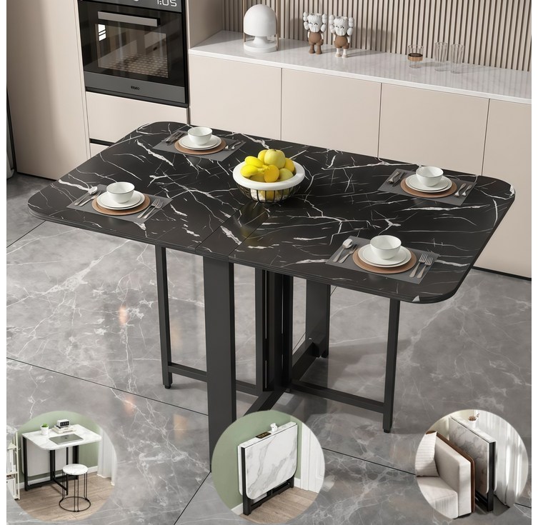 YAPOGI 설치 필요없음 가정용 다기능 확장 가능 대리석 무늬 우드 식탁 모조 세라믹식탁 접이식 식탁, 4인용, 블랙1