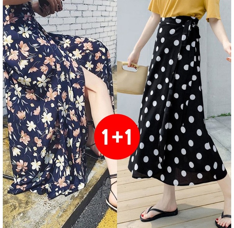 마쿠쿠 2종 세트 여성 쉬폰 랩스커트 롱 스커트 H라인 휴양지 치마