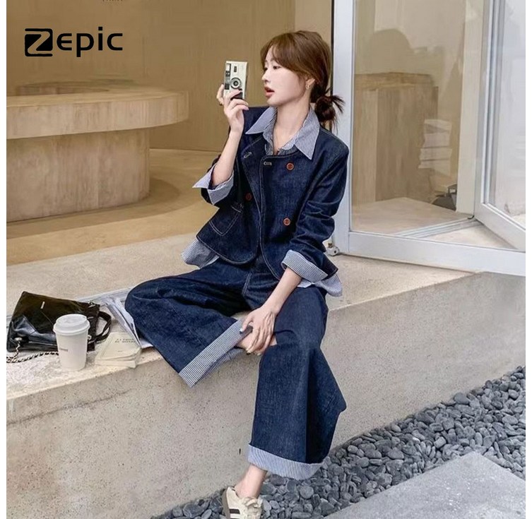 Zepic 여성 데님 투피스 캐주얼 데님 패치워크데님 통바지