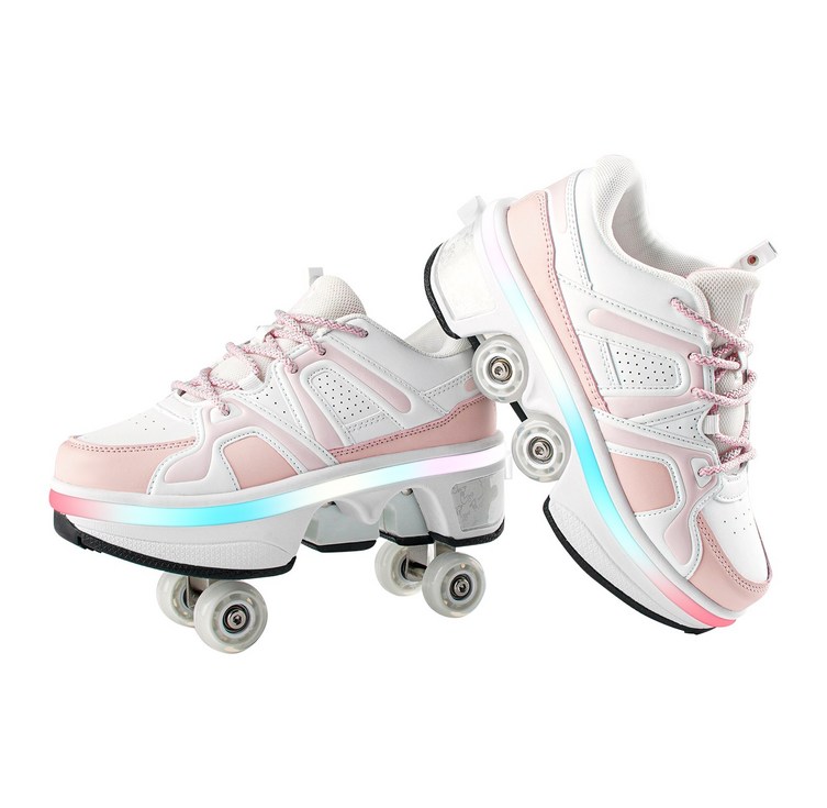 축소 가능한 롤러스케이트 성인 롤러스케이트 4륜 스케이트 밤에 빛나는 LED등 롤러스케이트, 흰분홍색505, 1개