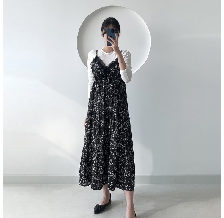 행복한여자 레이스 플라워 뷔스티에 롱 원피스