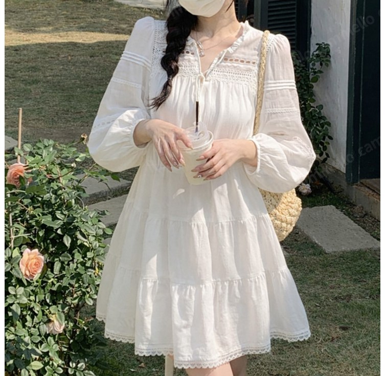 cammello 히피 화이트 펀칭 레이스 미니원피스 봄가을 빈티지 캉캉 원피스 휴양지룩