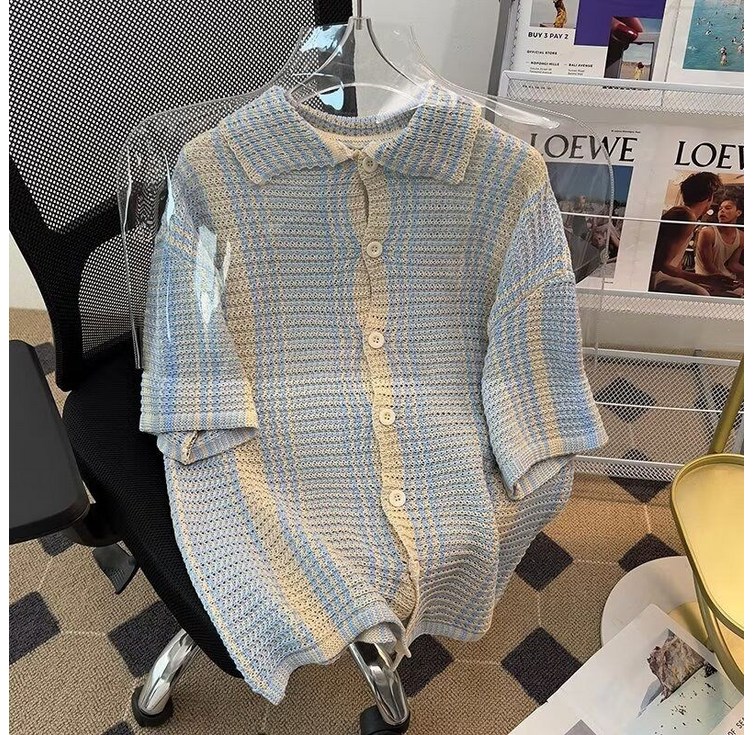 남성 여름 반팔 가디건 빈티지 스트라이프 니트 가디건 루즈핏 터틀넥 아우터 캐주얼 트렌드 상의 WMY