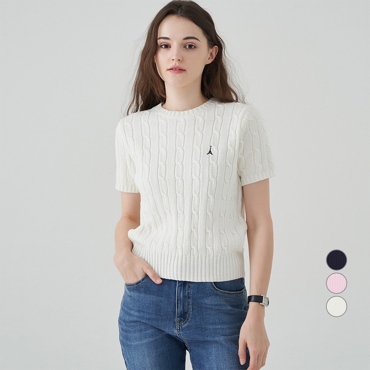 ELLE PARIS 여성용 시그니처 로고 자수 케이블 반팔 니트 ELLE PARIS 여성용 시그니처 로고 자수 케이블 반팔 니트