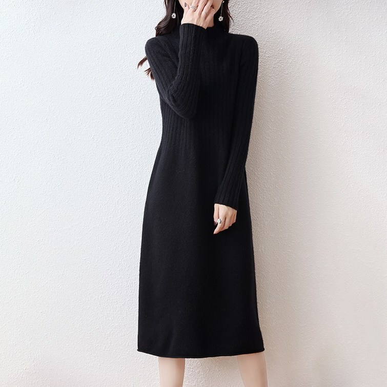캐시미어원피스 100 원피스 반폴라 니트 스커트 가을 겨울 미디 캐시미어 긴팔